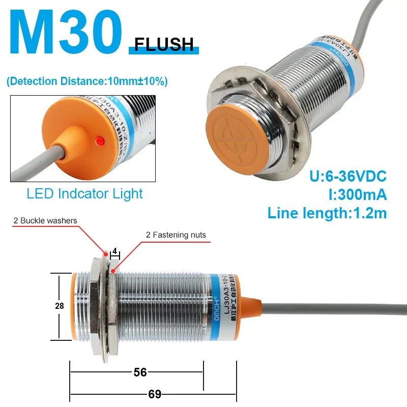 OMCH M8 M12 M18 M30 Inductive Proximity Switch Sensor Detection Distance 1/2 2/4 5/8 8/10mm NPN PNP NO NC DC 3-wire 6-36V