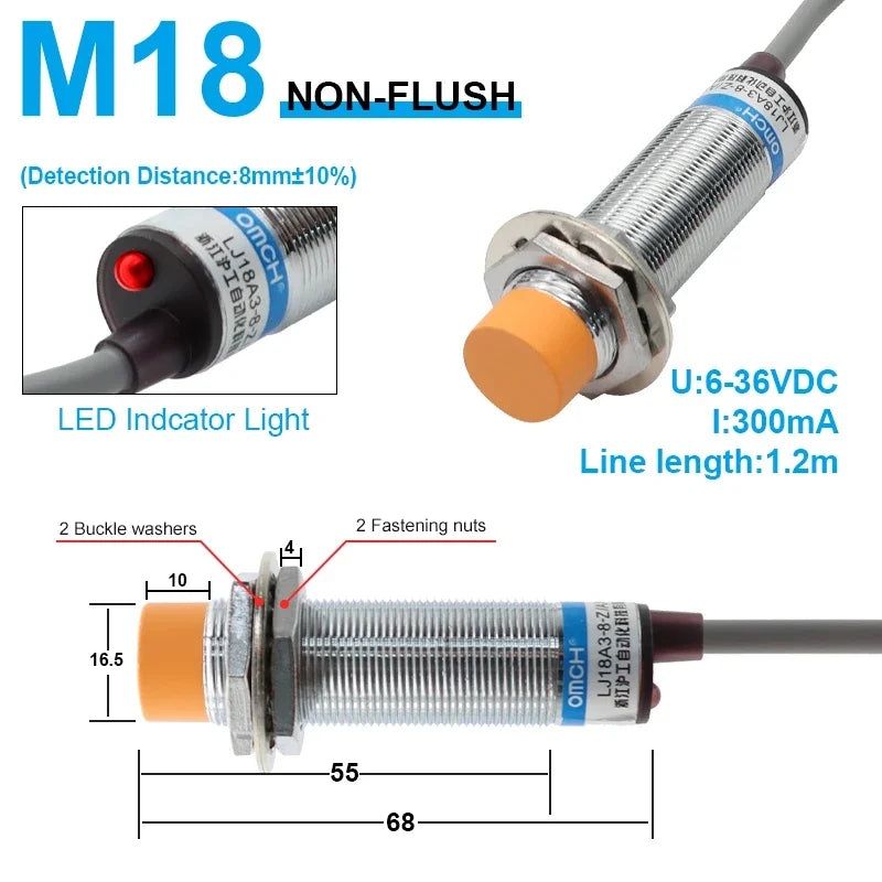 OMCH M8 M12 M18 M30 Inductive Proximity Switch Sensor Detection Distance 1/2 2/4 5/8 8/10mm NPN PNP NO NC DC 3-wire 6-36V