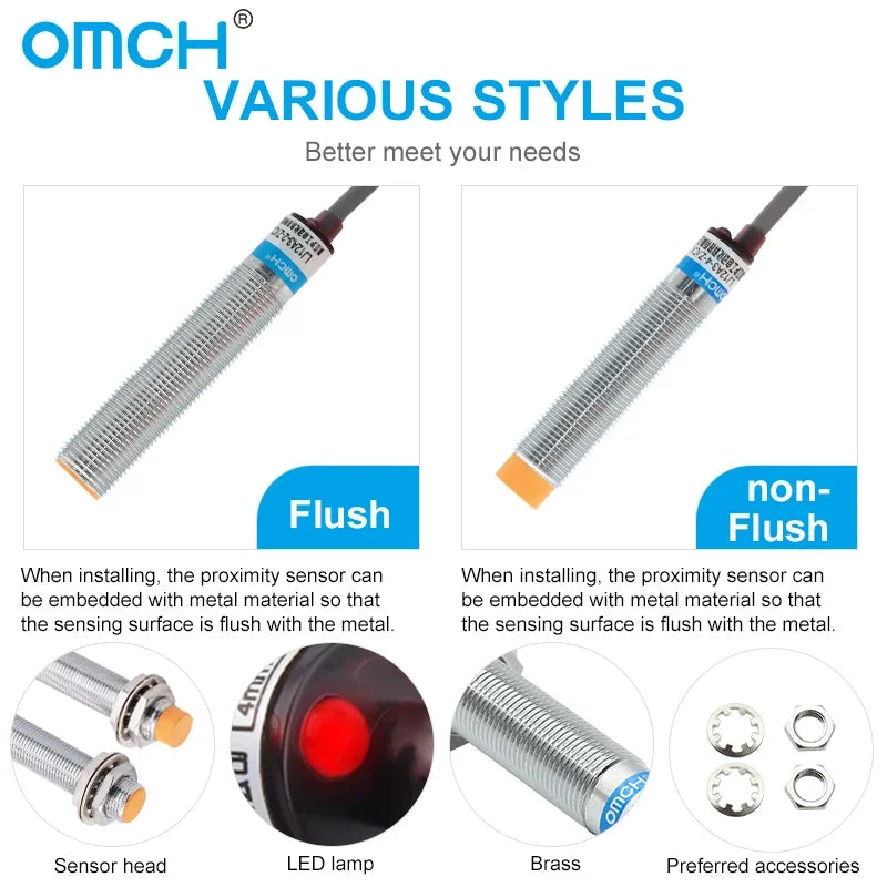 OMCH M8 M12 M18 M30 Inductive Proximity Switch Sensor Detection Distance 1/2 2/4 5/8 8/10mm NPN PNP NO NC DC 3-wire 6-36V