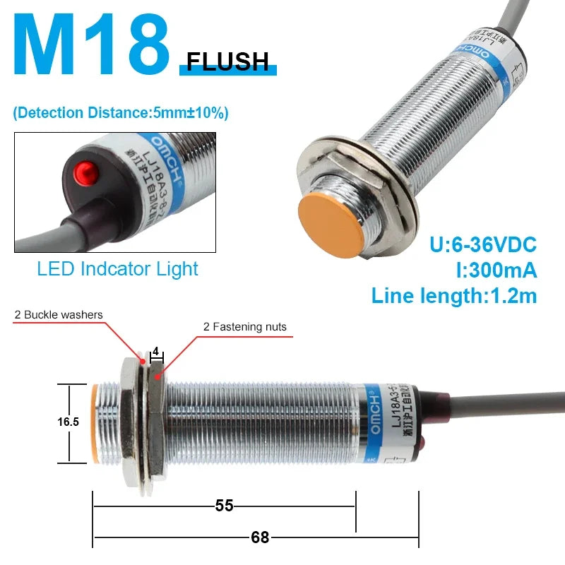 OMCH M8 M12 M18 M30 Inductive Proximity Switch Sensor Detection Distance 1/2 2/4 5/8 8/10mm NPN PNP NO NC DC 3-wire 6-36V