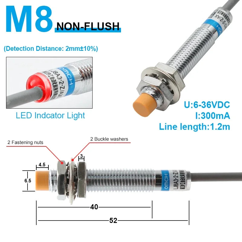OMCH M8 M12 M18 M30 Inductive Proximity Switch Sensor Detection Distance 1/2 2/4 5/8 8/10mm NPN PNP NO NC DC 3-wire 6-36V