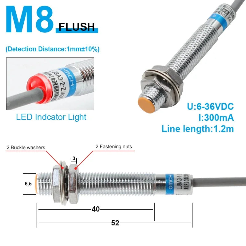 OMCH M8 M12 M18 M30 Inductive Proximity Switch Sensor Detection Distance 1/2 2/4 5/8 8/10mm NPN PNP NO NC DC 3-wire 6-36V