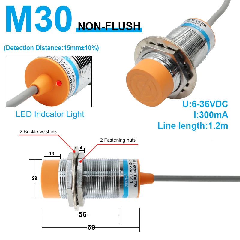 OMCH M8 M12 M18 M30 Inductive Proximity Switch Sensor Detection Distance 1/2 2/4 5/8 8/10mm NPN PNP NO NC DC 3-wire 6-36V