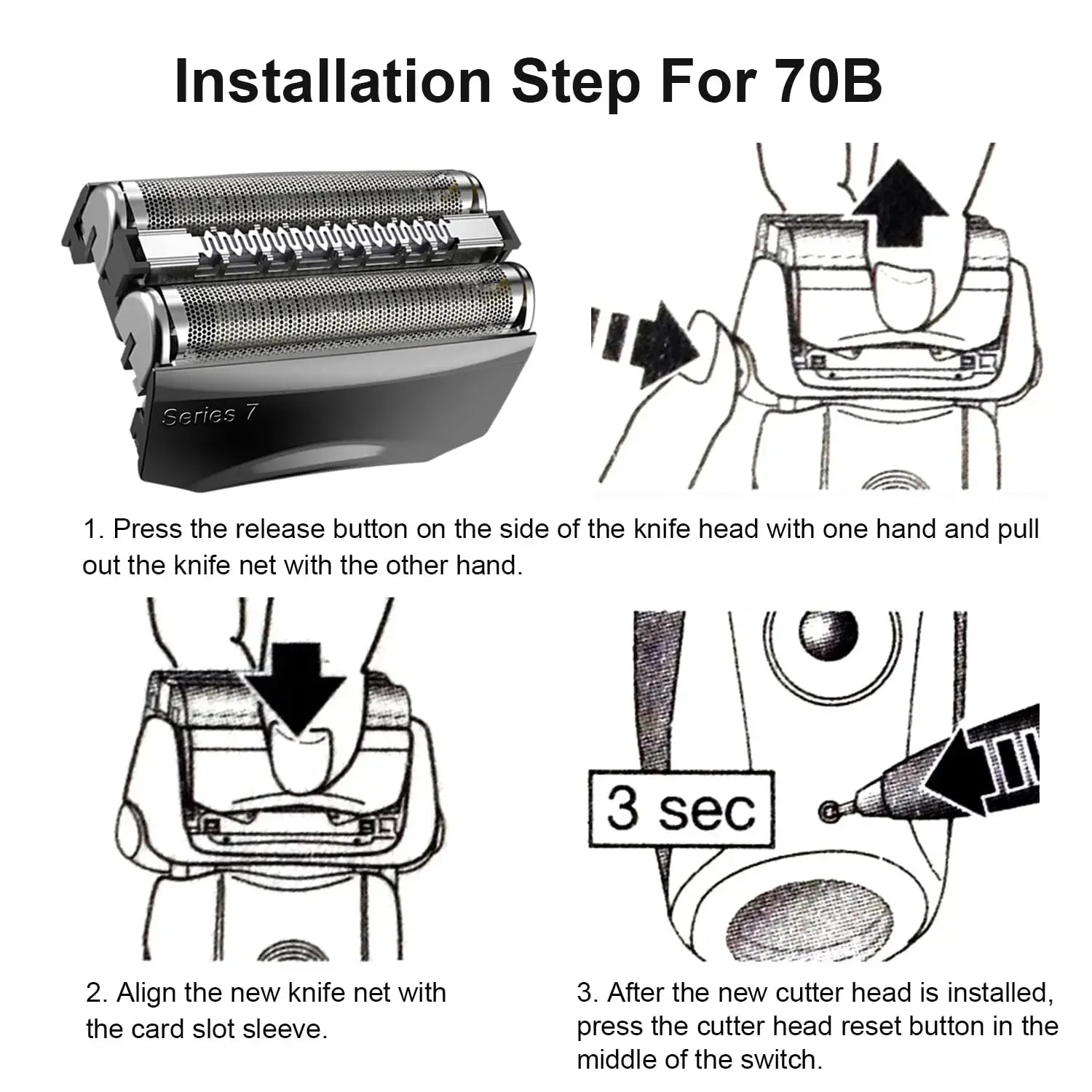 70B Replacement Head for Braun Series 7 electric shaver 720, 720s-3, 720s-4, 720s-5 720, 730,790cc-3, 790cc-4, 790cc-5, 795cc-3