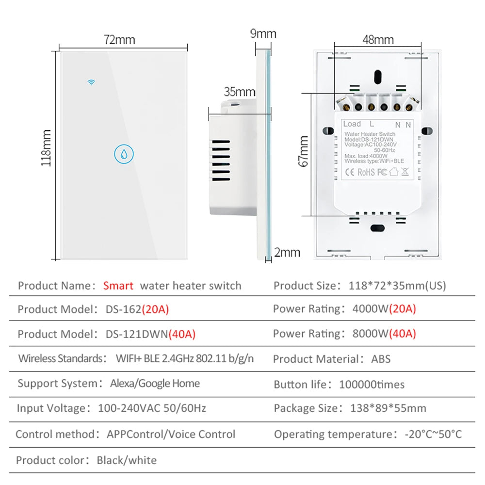 40A Tuya Smart Wifi Water Heater Boiler Touch Wall Switch Air Conditioner Light Timing EU Us Brazil  App For Alexa Google Home