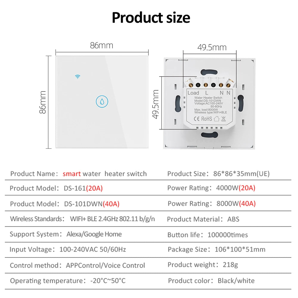 40A Tuya Smart Wifi Water Heater Boiler Touch Wall Switch Air Conditioner Light Timing EU Us Brazil  App For Alexa Google Home