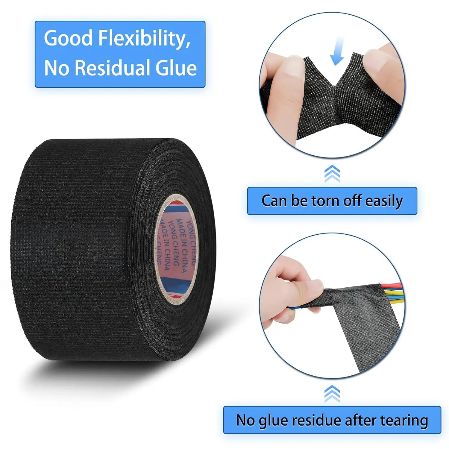 Black Electrical Fabric Tape Heat Resistant Wire Harness Bundle Insulation Auto Wiring Cloth Wrap Waterproof Cable Adhesive Tape